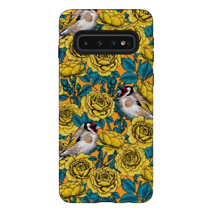 Galaxy S10 StrongFit Rose flowers and goldfinch birds by Katerina Kirilova