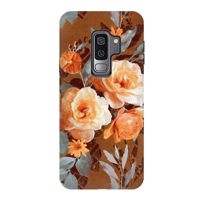 Galaxy S9 plus StrongFit Chintz Roses on Rust Brown by Micklyn Le Feuvre