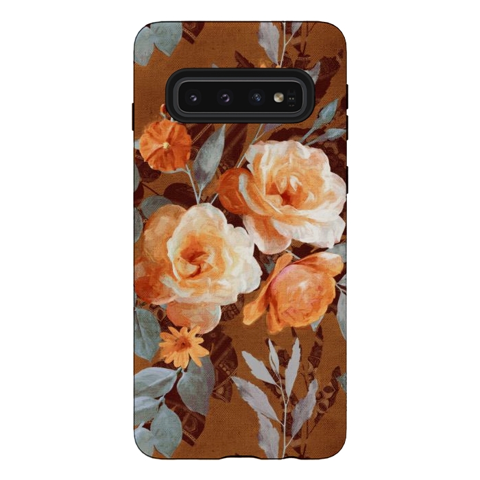 Galaxy S10 StrongFit Chintz Roses on Rust Brown by Micklyn Le Feuvre