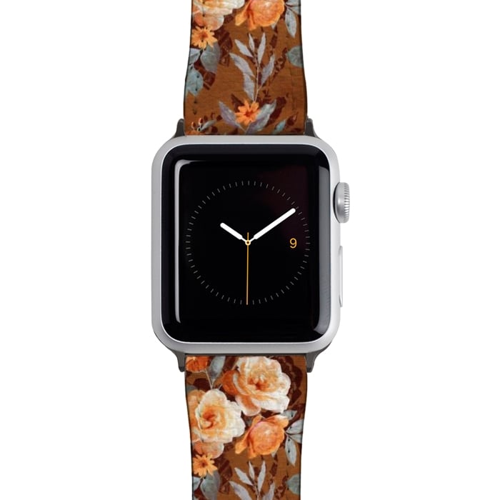 Watch 42mm / 44mm Strap PU leather Chintz Roses on Rust Brown by Micklyn Le Feuvre