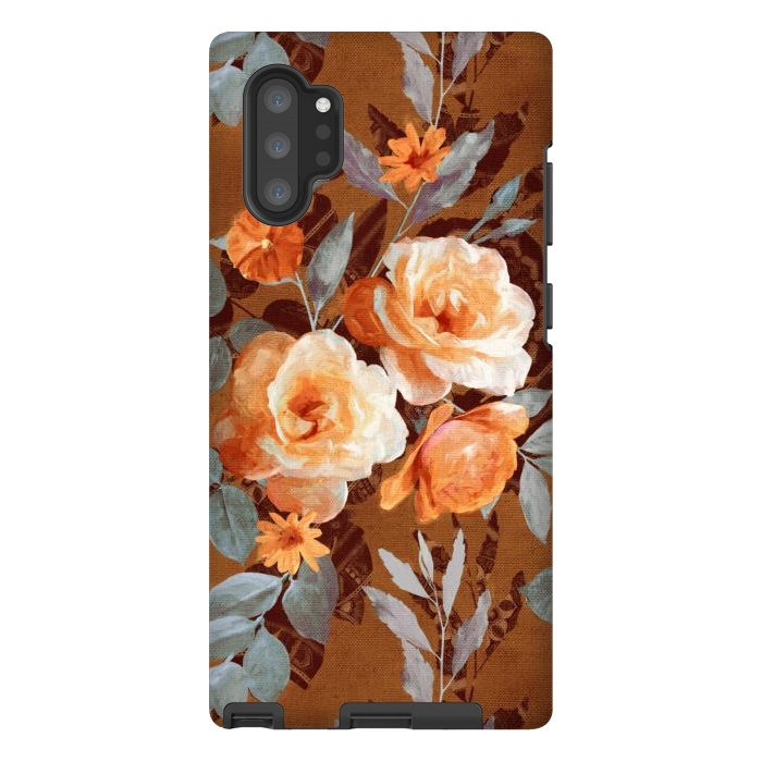 Galaxy Note 10 plus StrongFit Chintz Roses on Rust Brown by Micklyn Le Feuvre