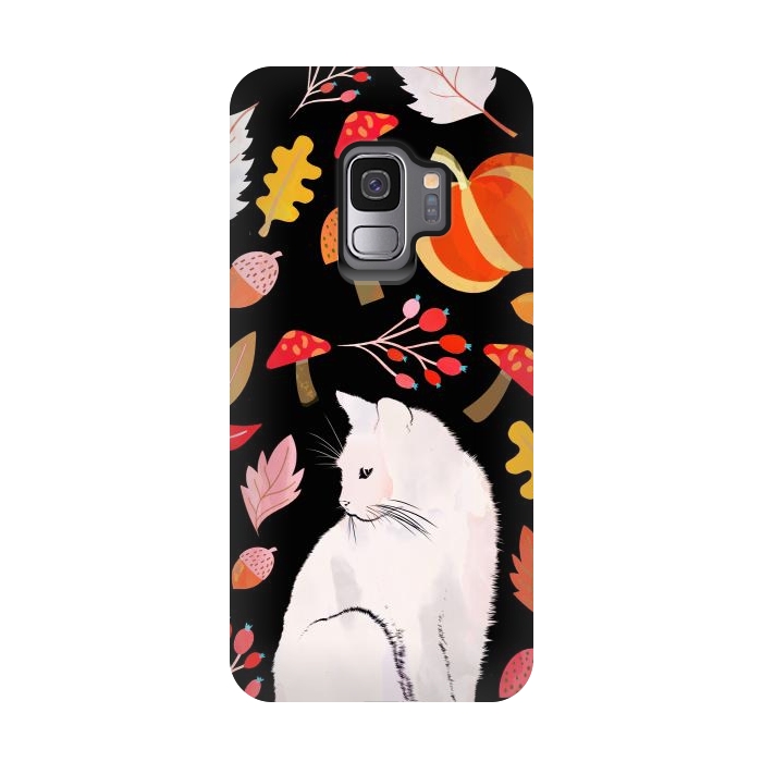 Galaxy S9 StrongFit Autumn nature pattern with white cat by Oana 