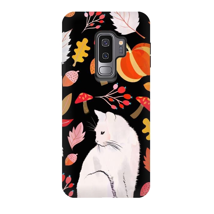 Galaxy S9 plus StrongFit Autumn nature pattern with white cat by Oana 