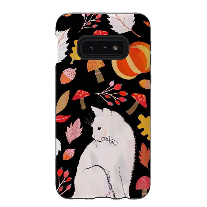 Galaxy S10e StrongFit Autumn nature pattern with white cat by Oana 