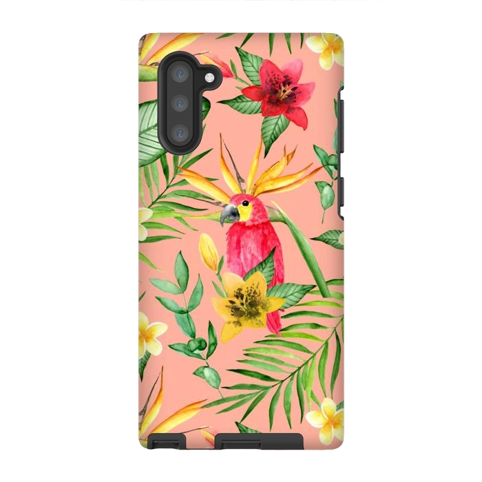 Galaxy Note 10 StrongFit Red parrot and tropical leaves by Julia Badeeva