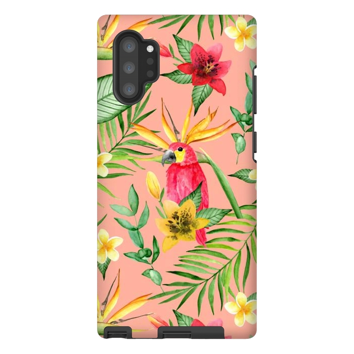 Galaxy Note 10 plus StrongFit Red parrot and tropical leaves by Julia Badeeva
