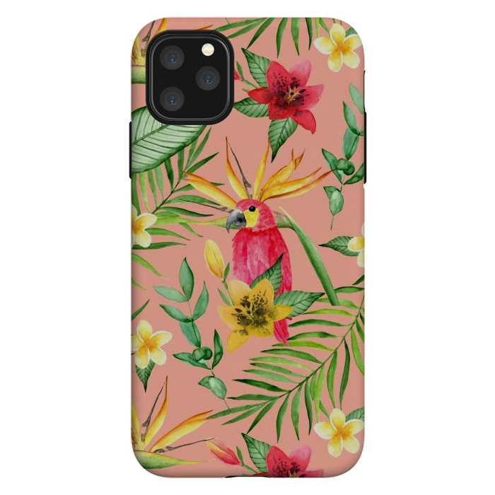 iPhone 11 Pro Max StrongFit Red parrot and tropical leaves by Julia Badeeva