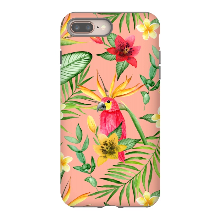 iPhone 7 plus StrongFit Red parrot and tropical leaves by Julia Badeeva