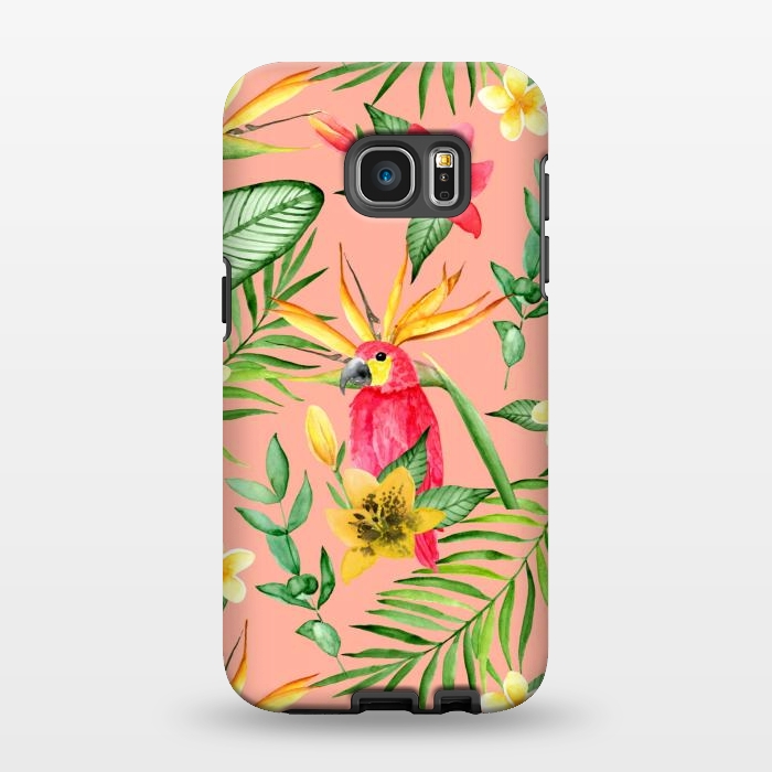Galaxy S7 EDGE StrongFit Red parrot and tropical leaves by Julia Badeeva