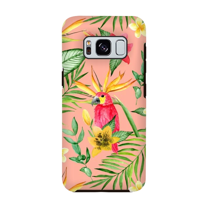 Galaxy S8 StrongFit Red parrot and tropical leaves by Julia Badeeva