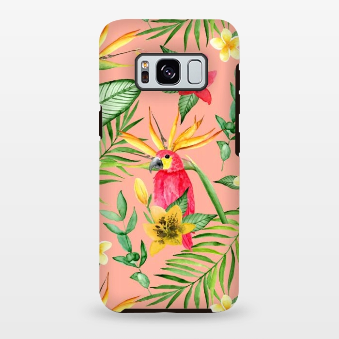 Galaxy S8 plus StrongFit Red parrot and tropical leaves by Julia Badeeva