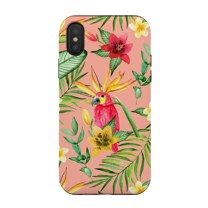 iPhone Xs / X StrongFit Red parrot and tropical leaves by Julia Badeeva