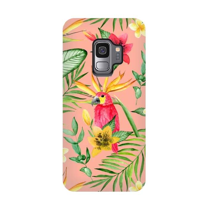 Galaxy S9 StrongFit Red parrot and tropical leaves by Julia Badeeva