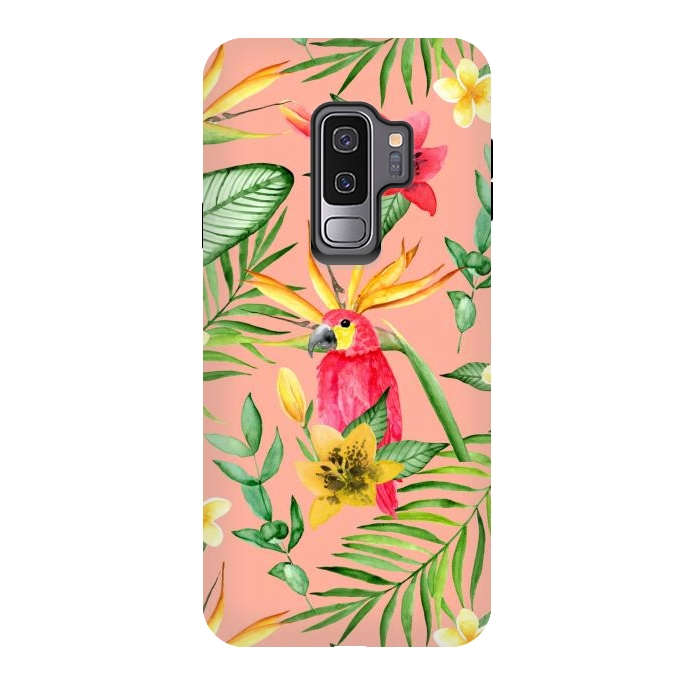 Galaxy S9 plus StrongFit Red parrot and tropical leaves by Julia Badeeva