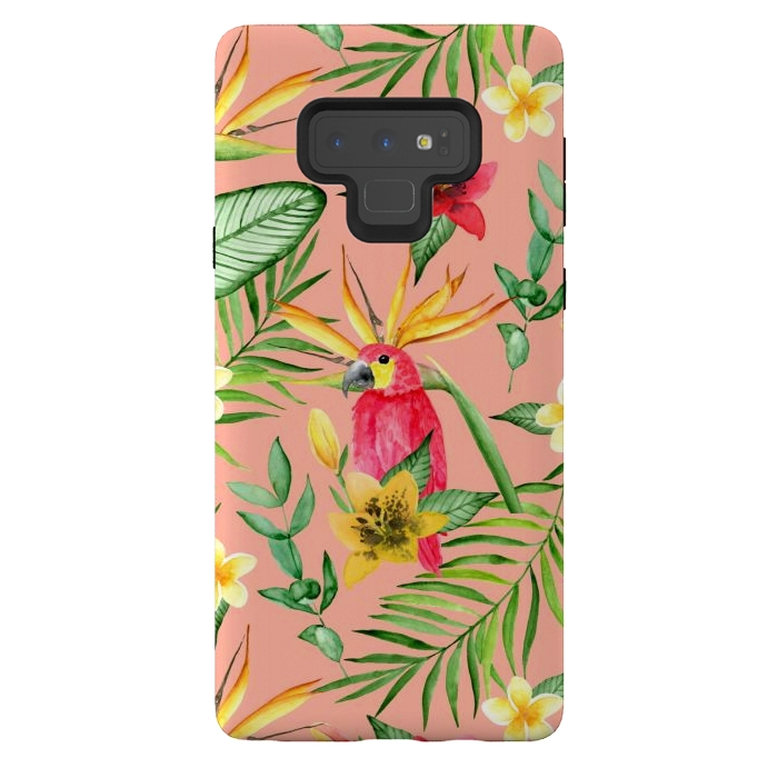 Galaxy Note 9 StrongFit Red parrot and tropical leaves by Julia Badeeva