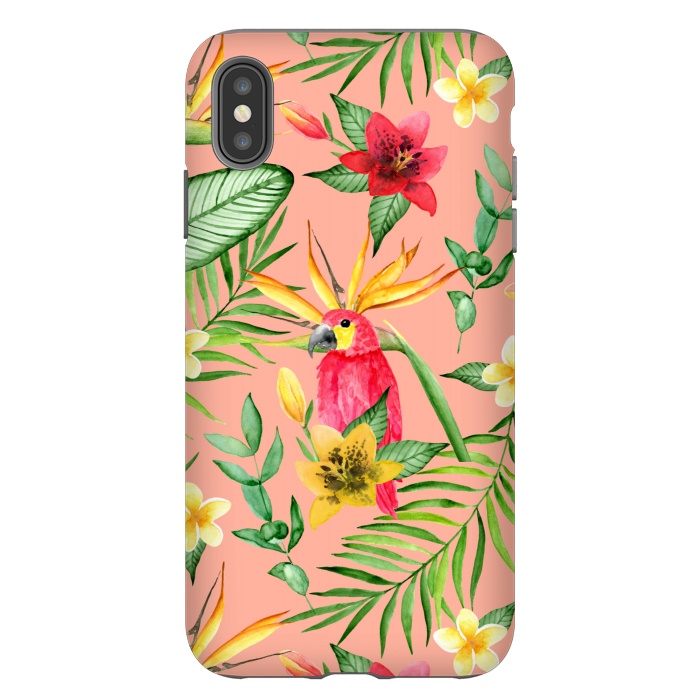 iPhone Xs Max StrongFit Red parrot and tropical leaves by Julia Badeeva