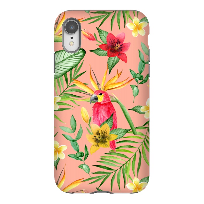 iPhone Xr StrongFit Red parrot and tropical leaves by Julia Badeeva