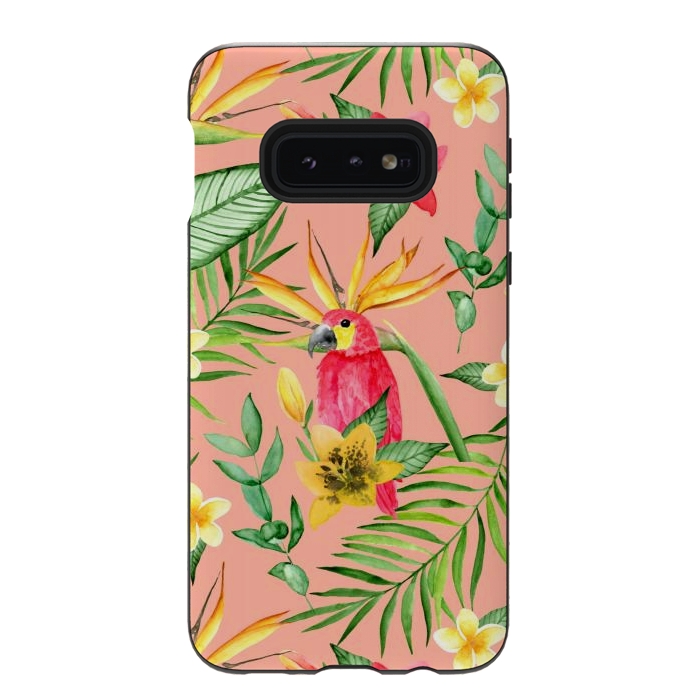 Galaxy S10e StrongFit Red parrot and tropical leaves by Julia Badeeva