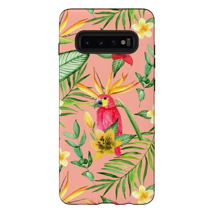 Galaxy S10 plus StrongFit Red parrot and tropical leaves by Julia Badeeva