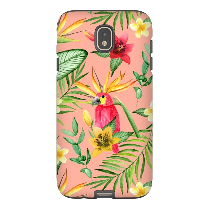 Galaxy J7 StrongFit Red parrot and tropical leaves by Julia Badeeva