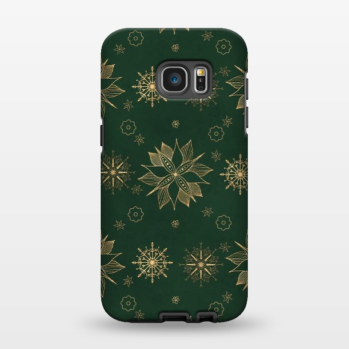 Galaxy S7 EDGE StrongFit Elegant Gold Green Poinsettias Snowflakes Winter Design by InovArts