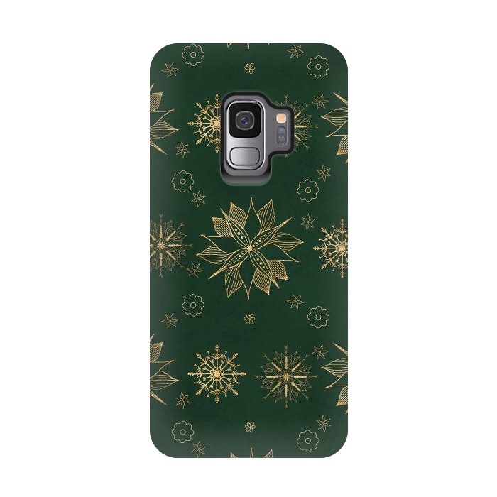 Galaxy S9 StrongFit Elegant Gold Green Poinsettias Snowflakes Winter Design by InovArts