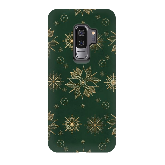 Galaxy S9 plus StrongFit Elegant Gold Green Poinsettias Snowflakes Winter Design by InovArts