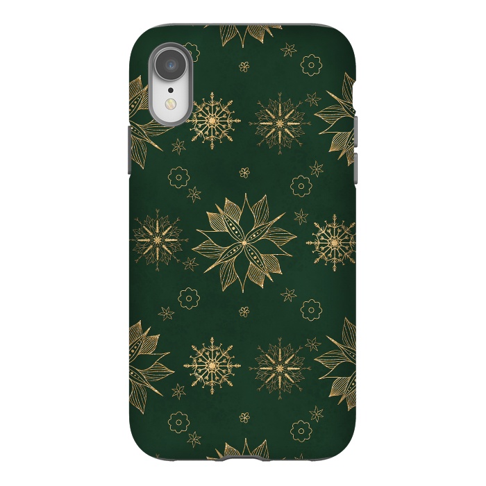 iPhone Xr StrongFit Elegant Gold Green Poinsettias Snowflakes Winter Design by InovArts
