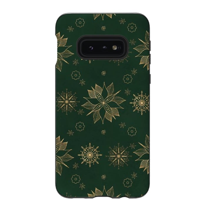 Galaxy S10e StrongFit Elegant Gold Green Poinsettias Snowflakes Winter Design by InovArts