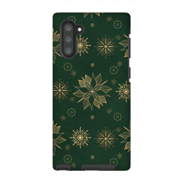 Galaxy Note 10 StrongFit Elegant Gold Green Poinsettias Snowflakes Winter Design by InovArts