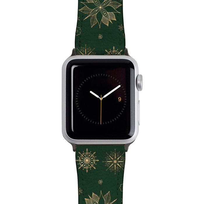 Watch 38mm / 40mm Strap PU leather Elegant Gold Green Poinsettias Snowflakes Winter Design by InovArts