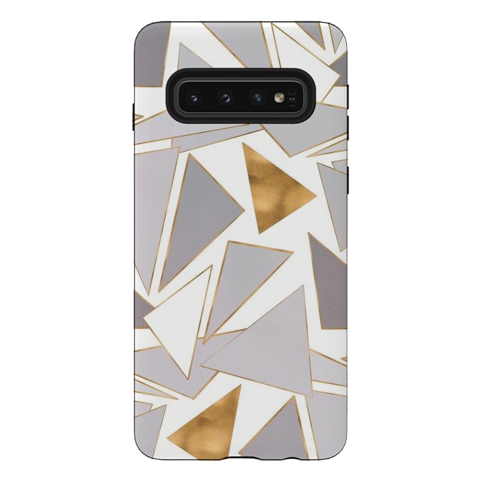 Galaxy S10 StrongFit Modern Minimalist Gold Strokes Gray Triangles by InovArts