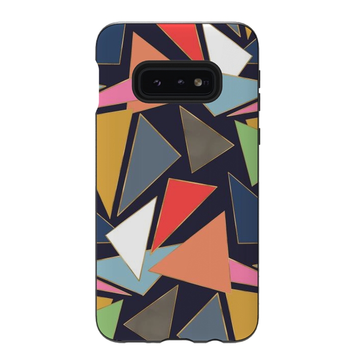 Galaxy S10e StrongFit Modern Contemporary Gold Strokes Colorful Triangles by InovArts