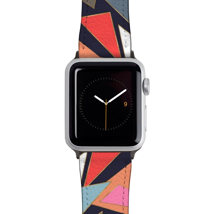 Watch 42mm / 44mm Strap PU leather Modern Contemporary Gold Strokes Colorful Triangles by InovArts