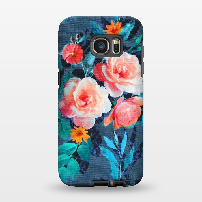 Galaxy S7 EDGE StrongFit Retro Rose Chintz in Radiant Coral on Blue by Micklyn Le Feuvre