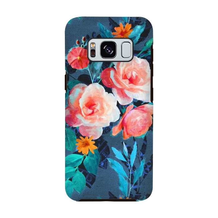 Galaxy S8 StrongFit Retro Rose Chintz in Radiant Coral on Blue by Micklyn Le Feuvre