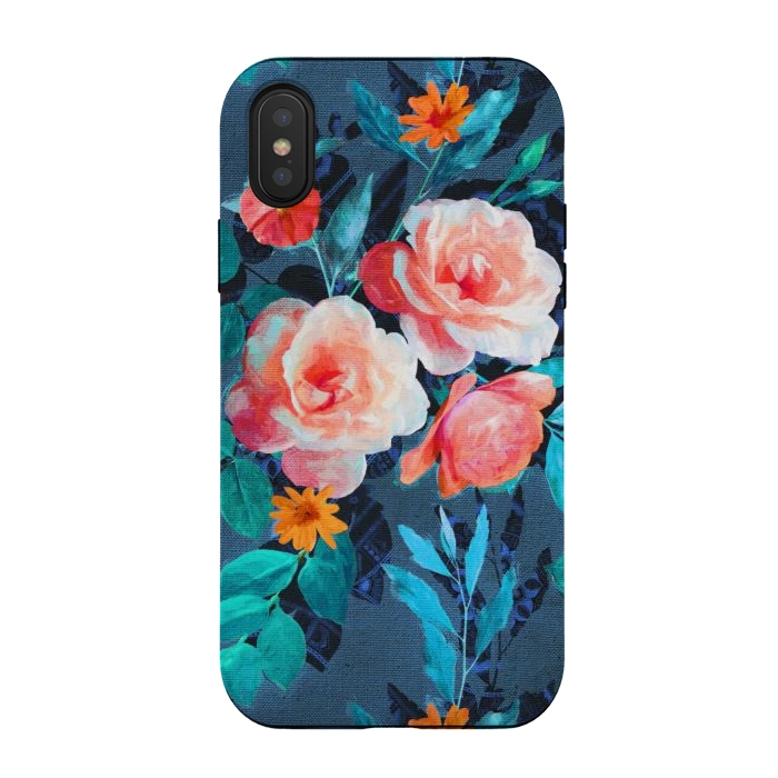 iPhone Xs / X StrongFit Retro Rose Chintz in Radiant Coral on Blue by Micklyn Le Feuvre