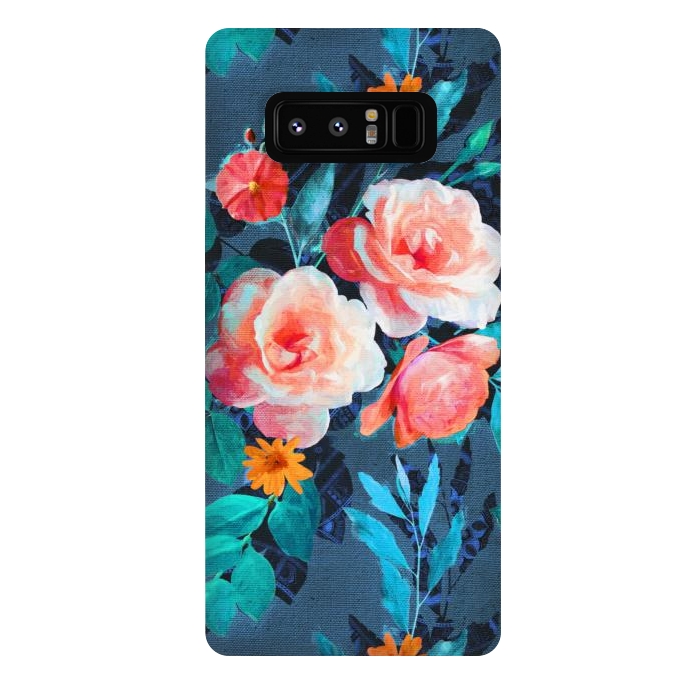 Galaxy Note 8 StrongFit Retro Rose Chintz in Radiant Coral on Blue by Micklyn Le Feuvre