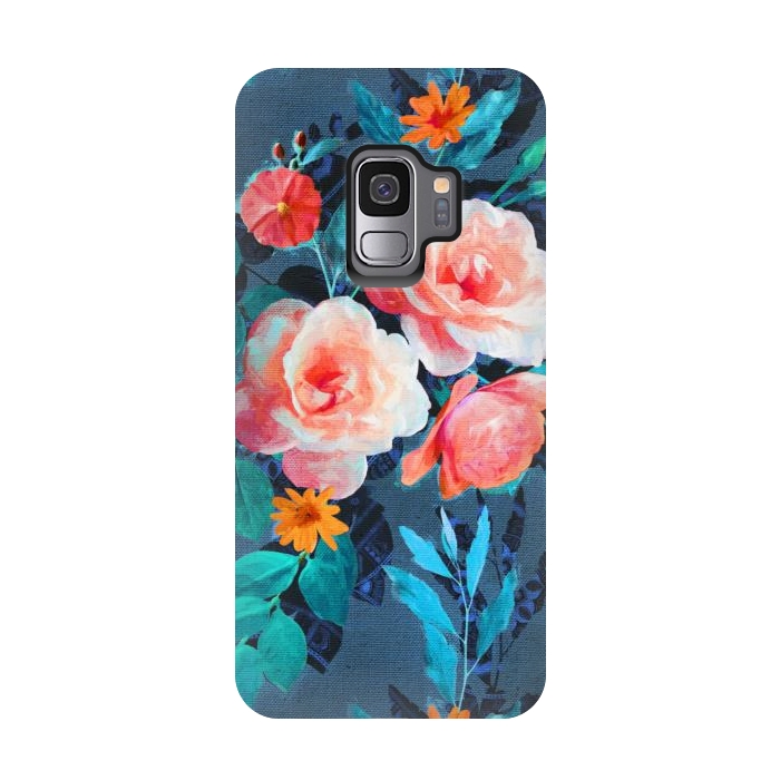 Galaxy S9 StrongFit Retro Rose Chintz in Radiant Coral on Blue by Micklyn Le Feuvre