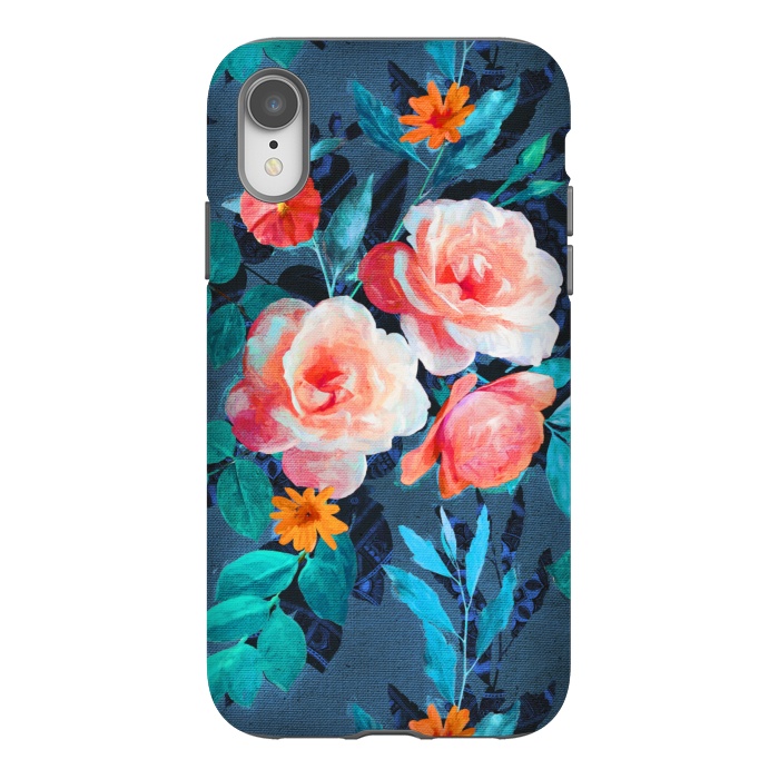 iPhone Xr StrongFit Retro Rose Chintz in Radiant Coral on Blue by Micklyn Le Feuvre