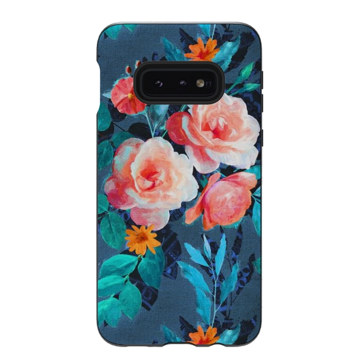 Galaxy S10e StrongFit Retro Rose Chintz in Radiant Coral on Blue by Micklyn Le Feuvre
