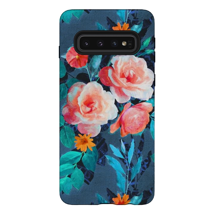 Galaxy S10 StrongFit Retro Rose Chintz in Radiant Coral on Blue by Micklyn Le Feuvre