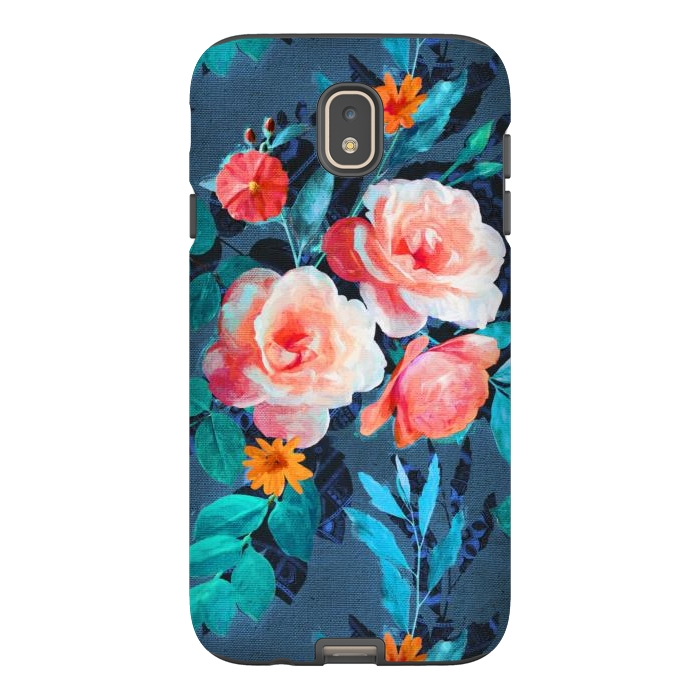 Galaxy J7 StrongFit Retro Rose Chintz in Radiant Coral on Blue by Micklyn Le Feuvre