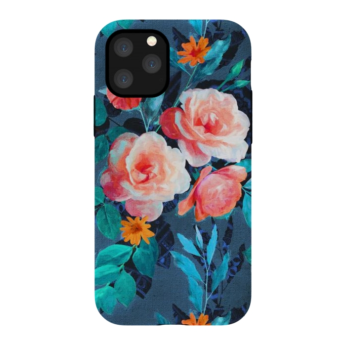 iPhone 11 Pro StrongFit Retro Rose Chintz in Radiant Coral on Blue by Micklyn Le Feuvre