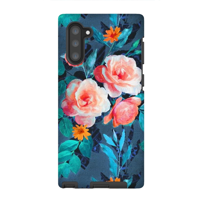 Galaxy Note 10 StrongFit Retro Rose Chintz in Radiant Coral on Blue by Micklyn Le Feuvre