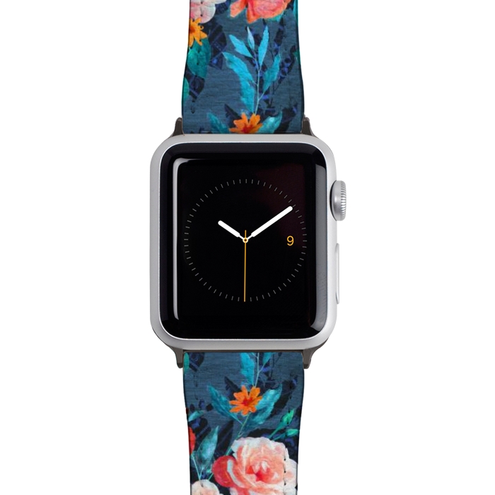 Watch 42mm / 44mm Strap PU leather Retro Rose Chintz in Radiant Coral on Blue by Micklyn Le Feuvre