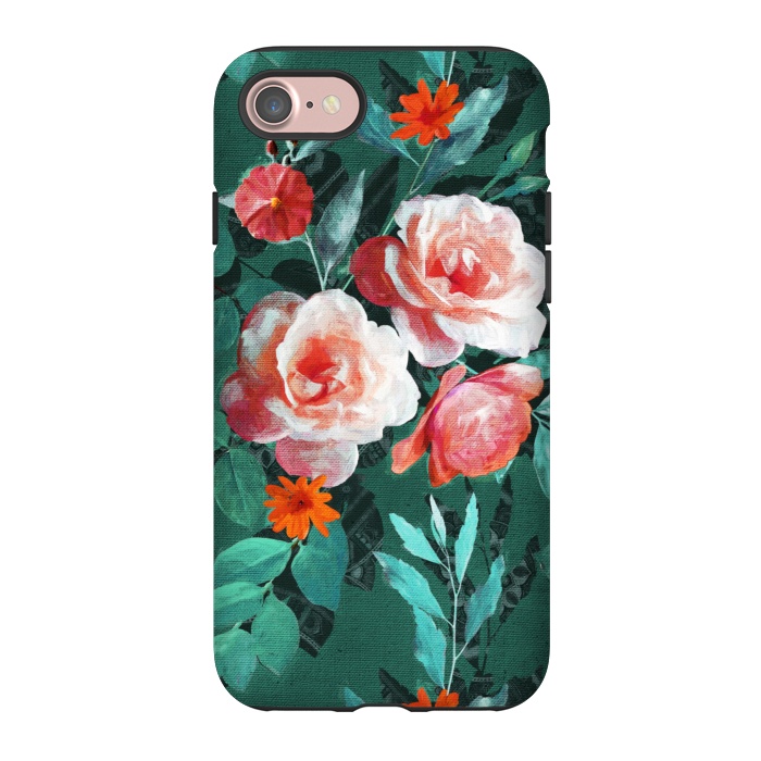 iPhone 7 StrongFit Retro Rose Chintz in Melon Pink on Dark Emerald Green by Micklyn Le Feuvre