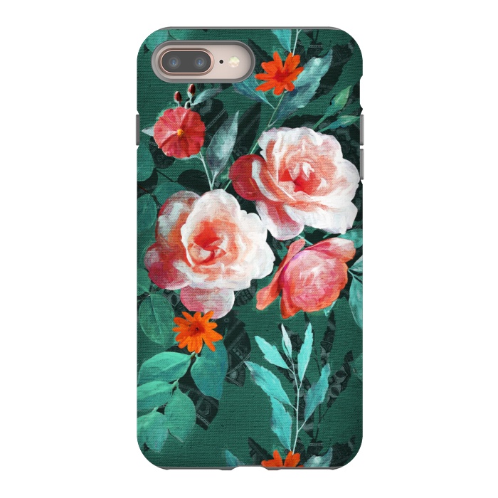 iPhone 7 plus StrongFit Retro Rose Chintz in Melon Pink on Dark Emerald Green by Micklyn Le Feuvre