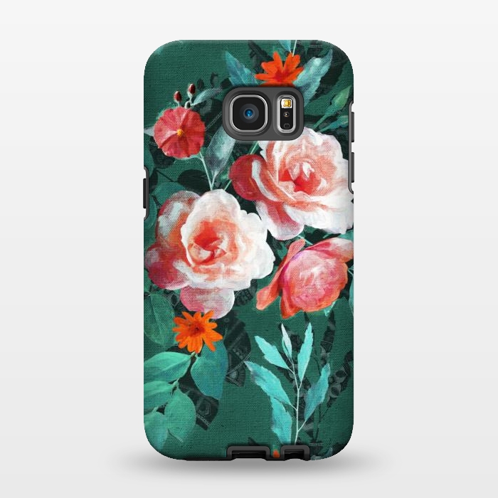 Galaxy S7 EDGE StrongFit Retro Rose Chintz in Melon Pink on Dark Emerald Green by Micklyn Le Feuvre