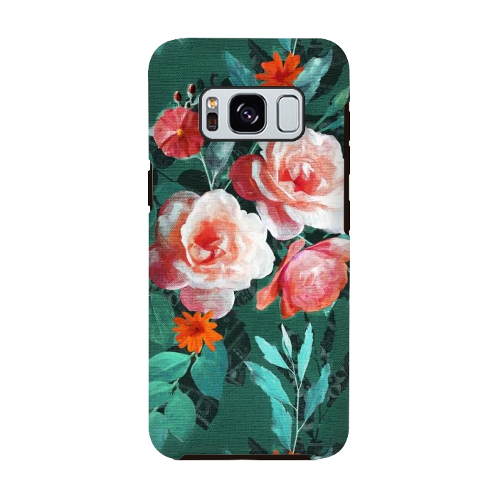 Galaxy S8 StrongFit Retro Rose Chintz in Melon Pink on Dark Emerald Green by Micklyn Le Feuvre
